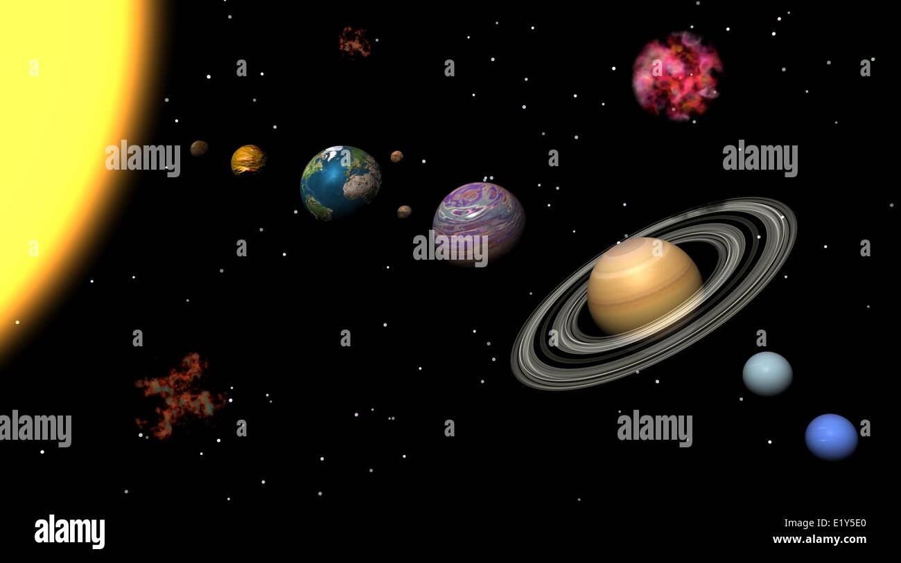 Sistema solare pianeti e nebulose di notte Foto Stock