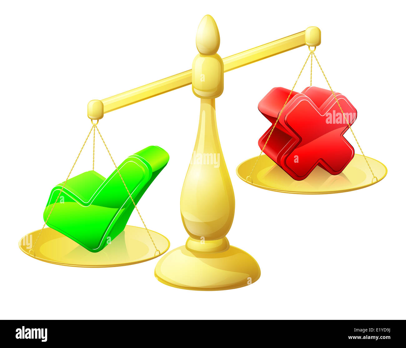 Scegliendo Sì il concetto di una bilancia con una croce su di un lato e un segno di spunta sull'altro, la spunta il superamento del tick Foto Stock