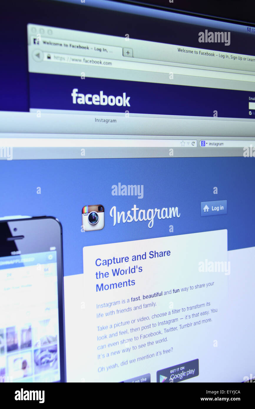 Foto di Facebook e Instagram homepage su schermo di un monitor. Facebook e Instagram sono il famoso social media network sul Foto Stock