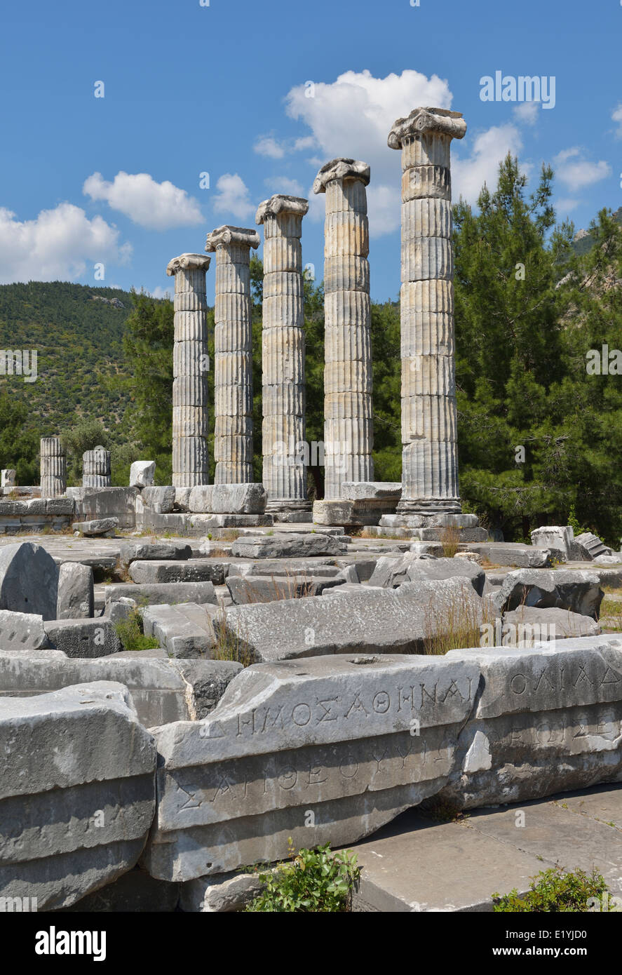 Tempio di Athena e iscrizione, Priene,Turchia 140415 60689 Foto Stock