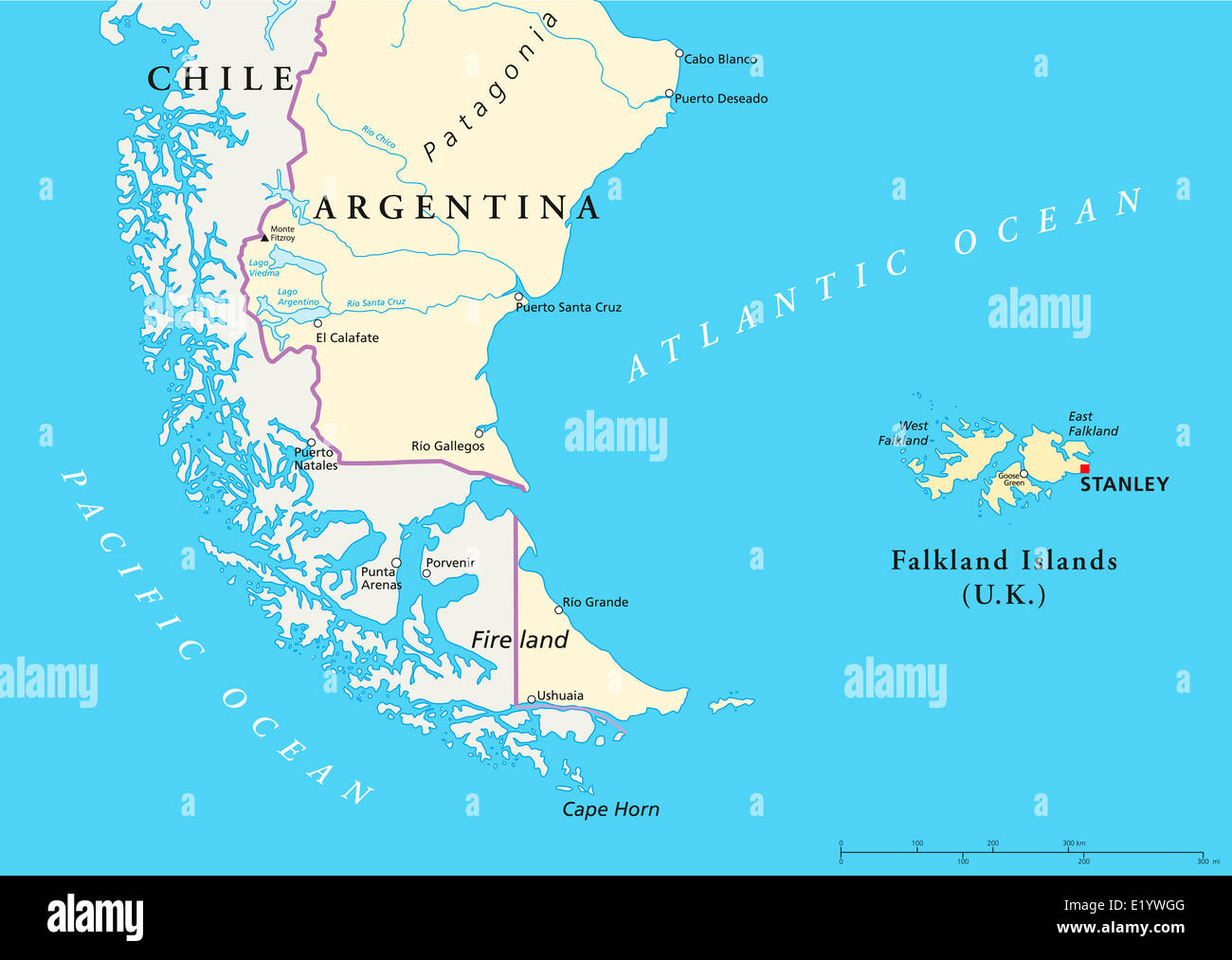 Isole Falkland Mappa politica e parte del Sud America con le frontiere nazionali più importanti città, fiumi e laghi. Foto Stock