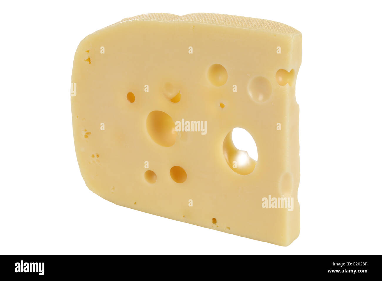 Svizzero o formaggio Olandese con fori, isolato su uno sfondo bianco Foto Stock