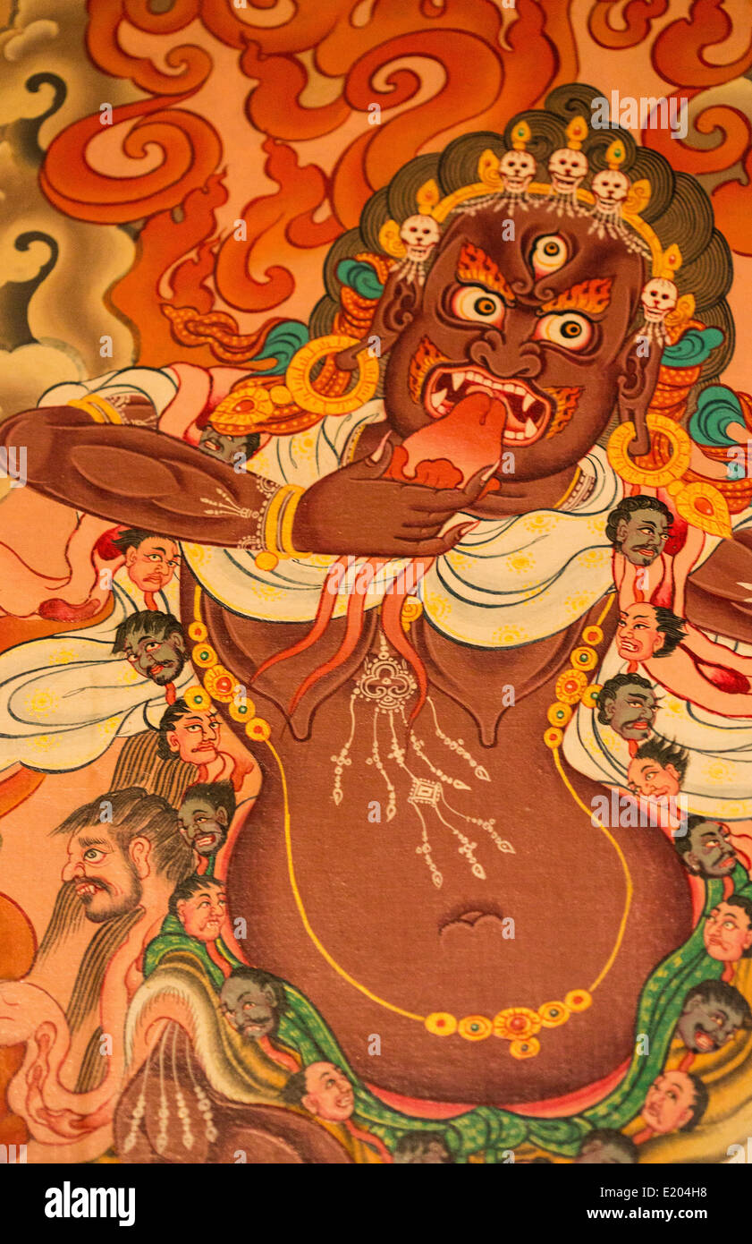 Il Nepal pittura di un demone spirito sulla parete del theThyangche Dongak Thakchok Chholing monastero di Tengboche, Solukhumbu Foto Stock