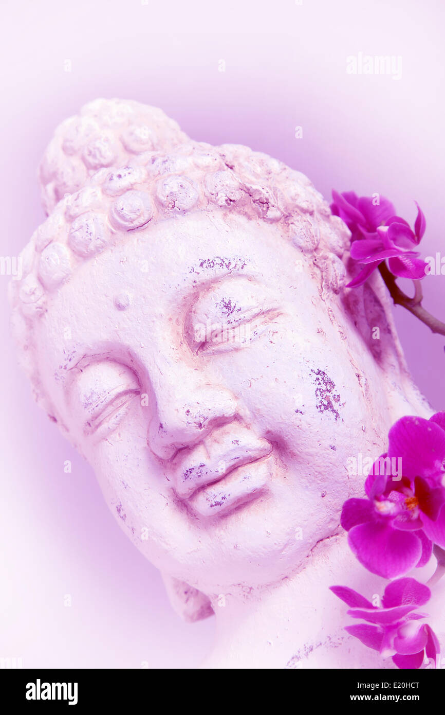 Il Buddha e orchidee Foto Stock