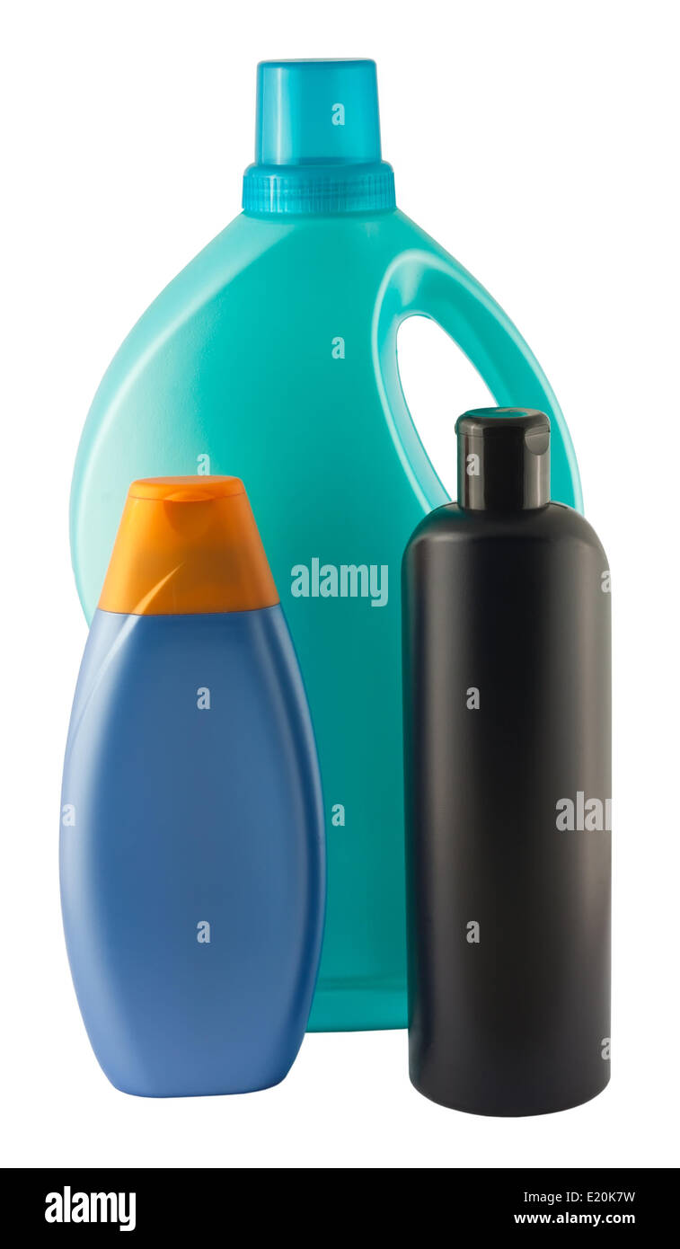 Tre bottiglie di plastica Foto Stock