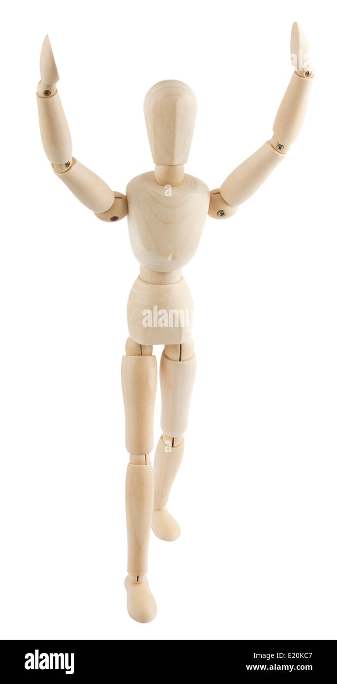 Manequin legno alza le braccia al cielo Foto Stock