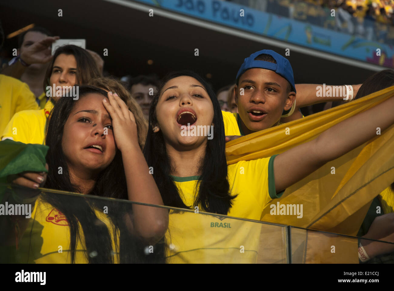 Sao Paulo, Brasile. 12 Giugno, 2014. Tifosi brasiliani stand all'interno dei Corinzi Arena in Sao Paulo prima dell'inizio del gruppo di apertura di una partita di calcio tra il Brasile e la Croazia durante il 2014 FIFA World Cup il 12 giugno 2014. Credito: Gustavo Basso/NurPhoto/ZUMAPRESS.com/Alamy Live News Foto Stock