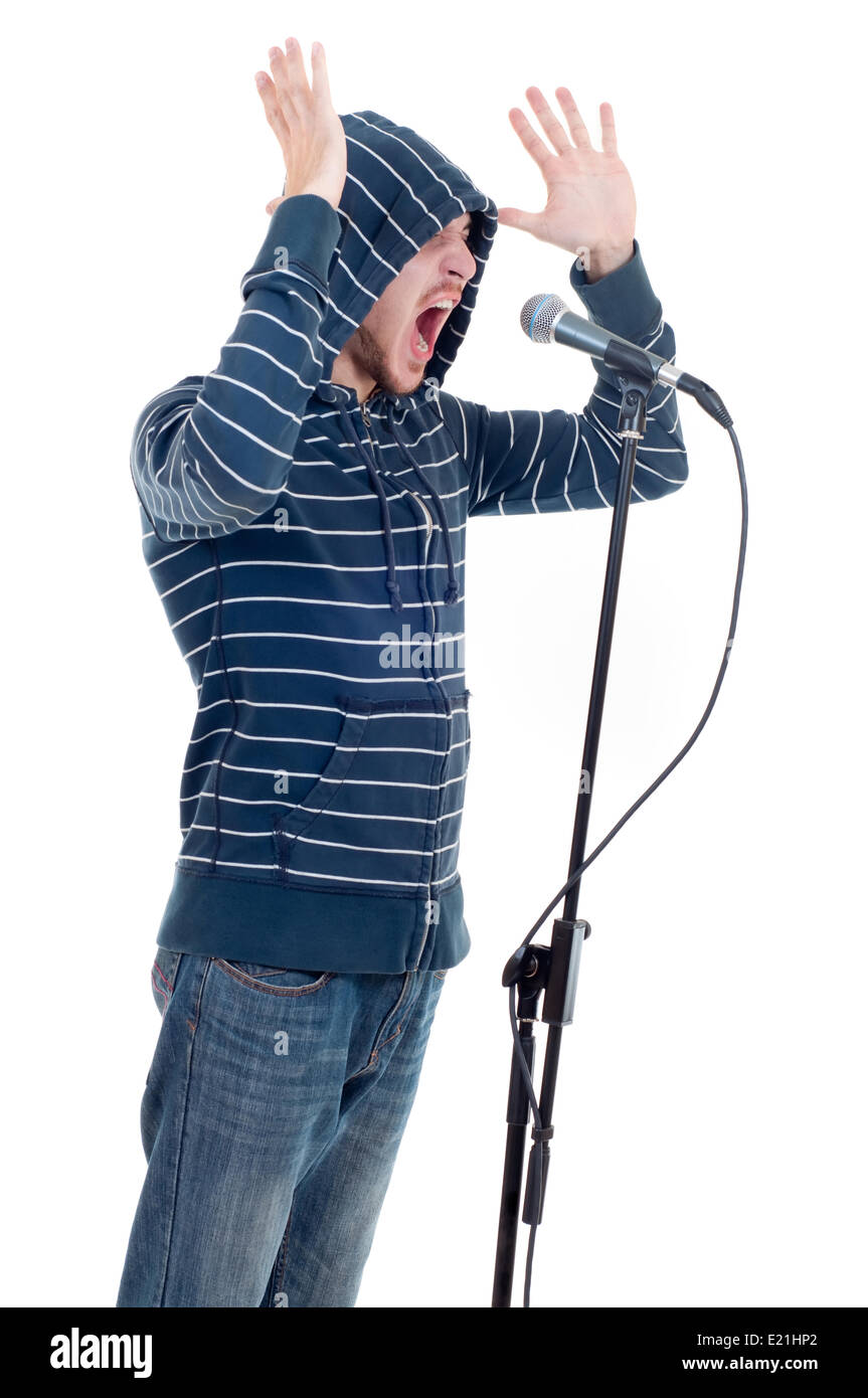 Il cantante rock isolato su bianco Foto Stock