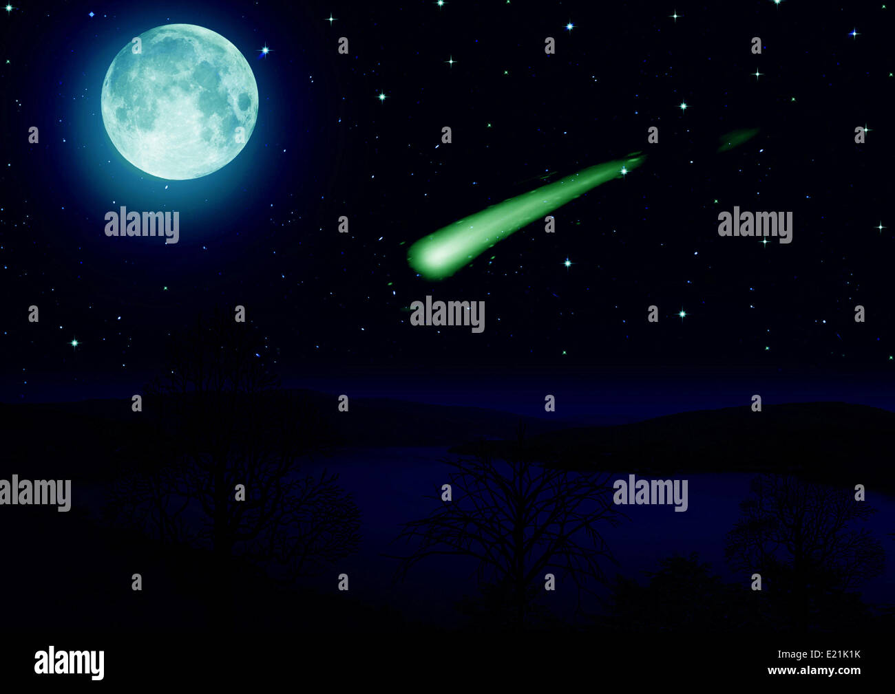 Meteorite e la luna nel cielo notturno Foto Stock