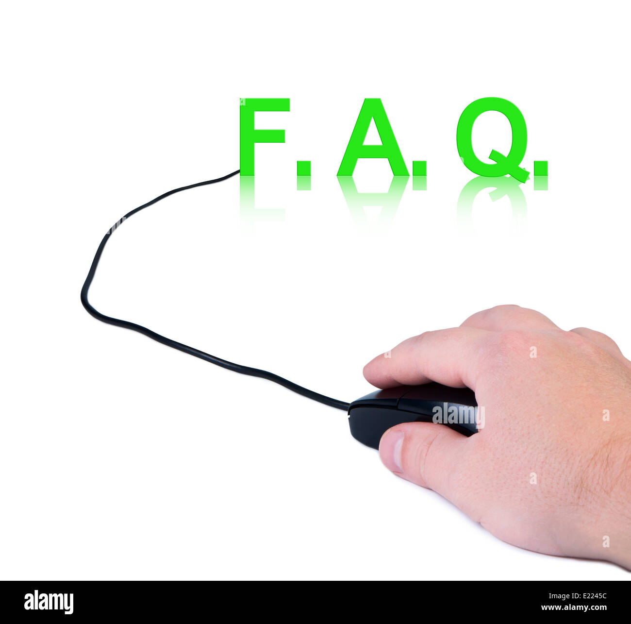 Mano con il mouse del computer e word FAQ. Foto Stock
