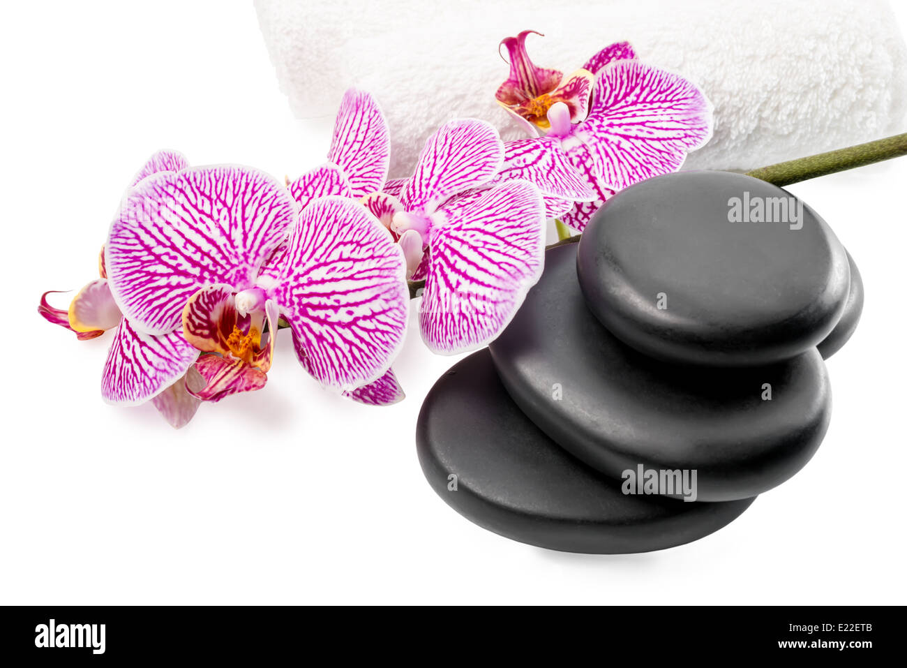 Spa ancora vita con spogliato di orchidea, pietre nere e asciugamani bianchi è isolato su sfondo bianco Foto Stock