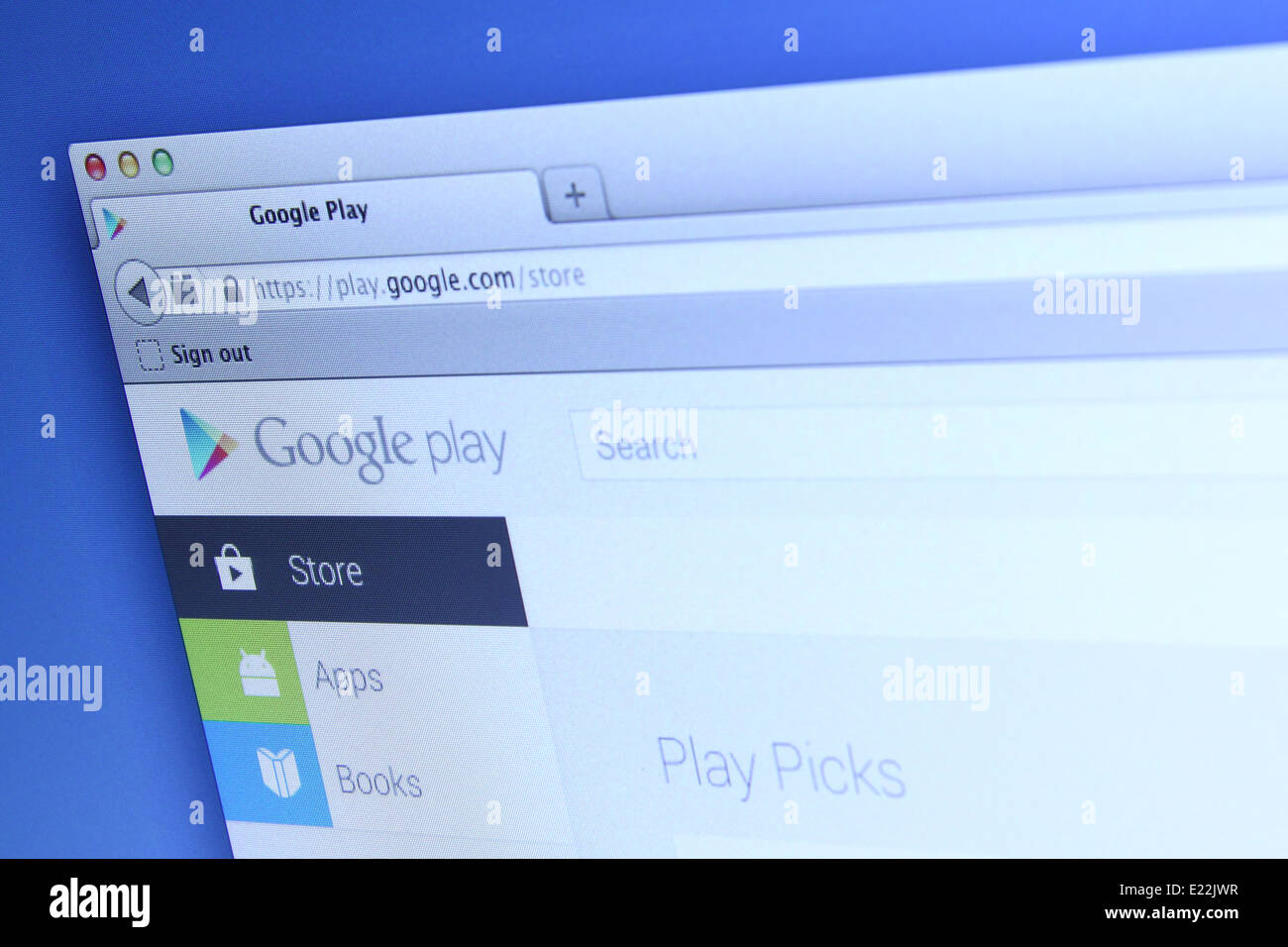Foto di Google Play pagina web su schermo di un monitor. Google Play è ufficiale l'app store per smartphone Android e compresse Foto Stock