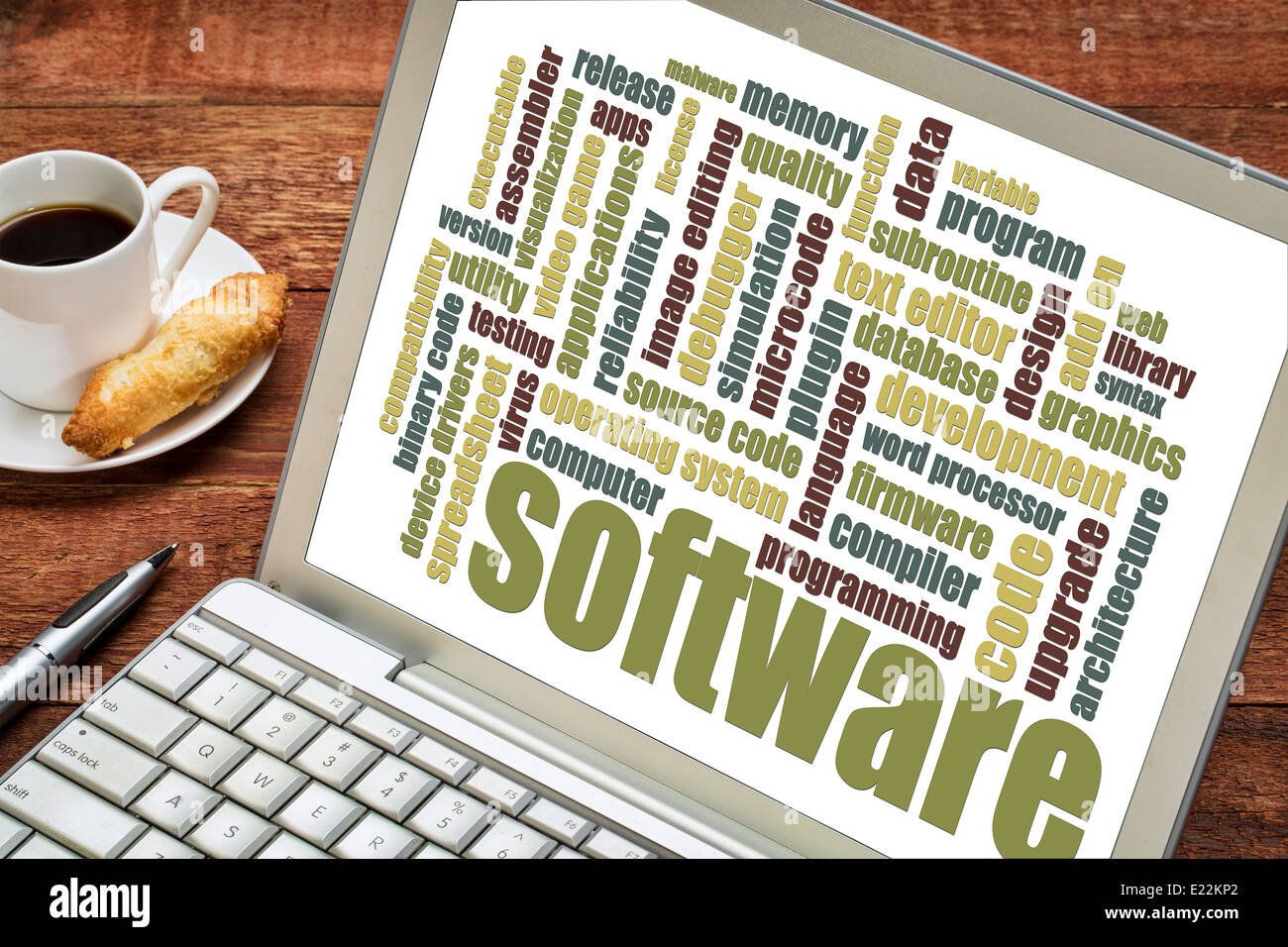 Software word cloud su un computer portatile con una tazza di caffè Foto Stock