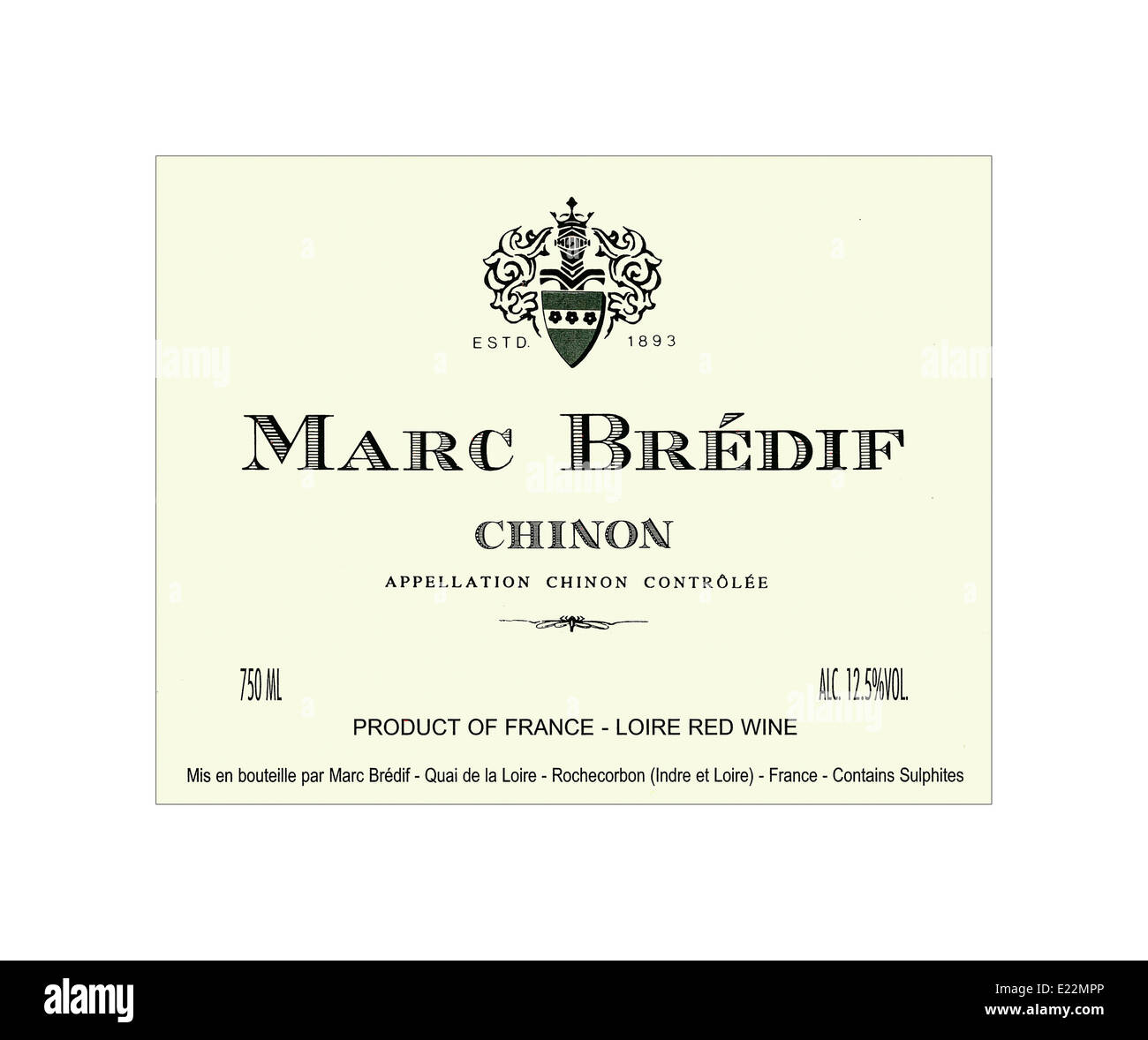 Bottiglia di vino etichetta per Marc Bredif Chinon rosso vino della Loira Foto Stock