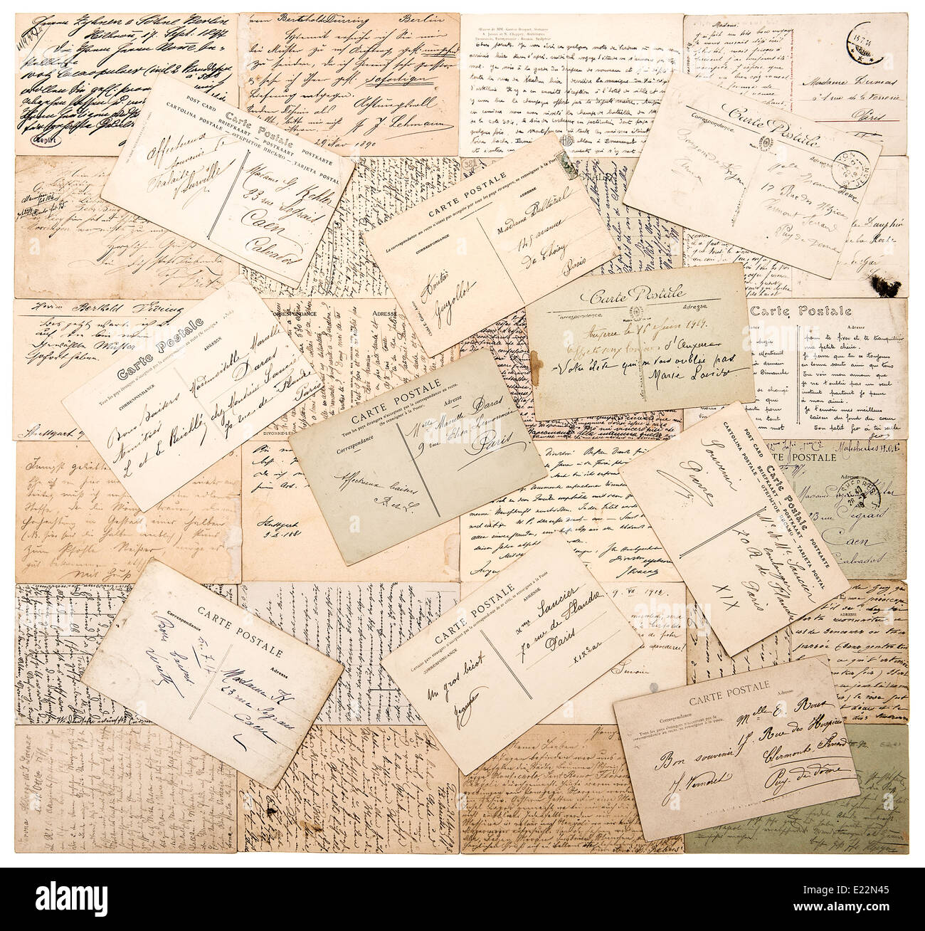 Cartoline d'epoca. vecchi manoscritti testi indefinito da ca. 1900. grunge stile retrò background paper Foto Stock
