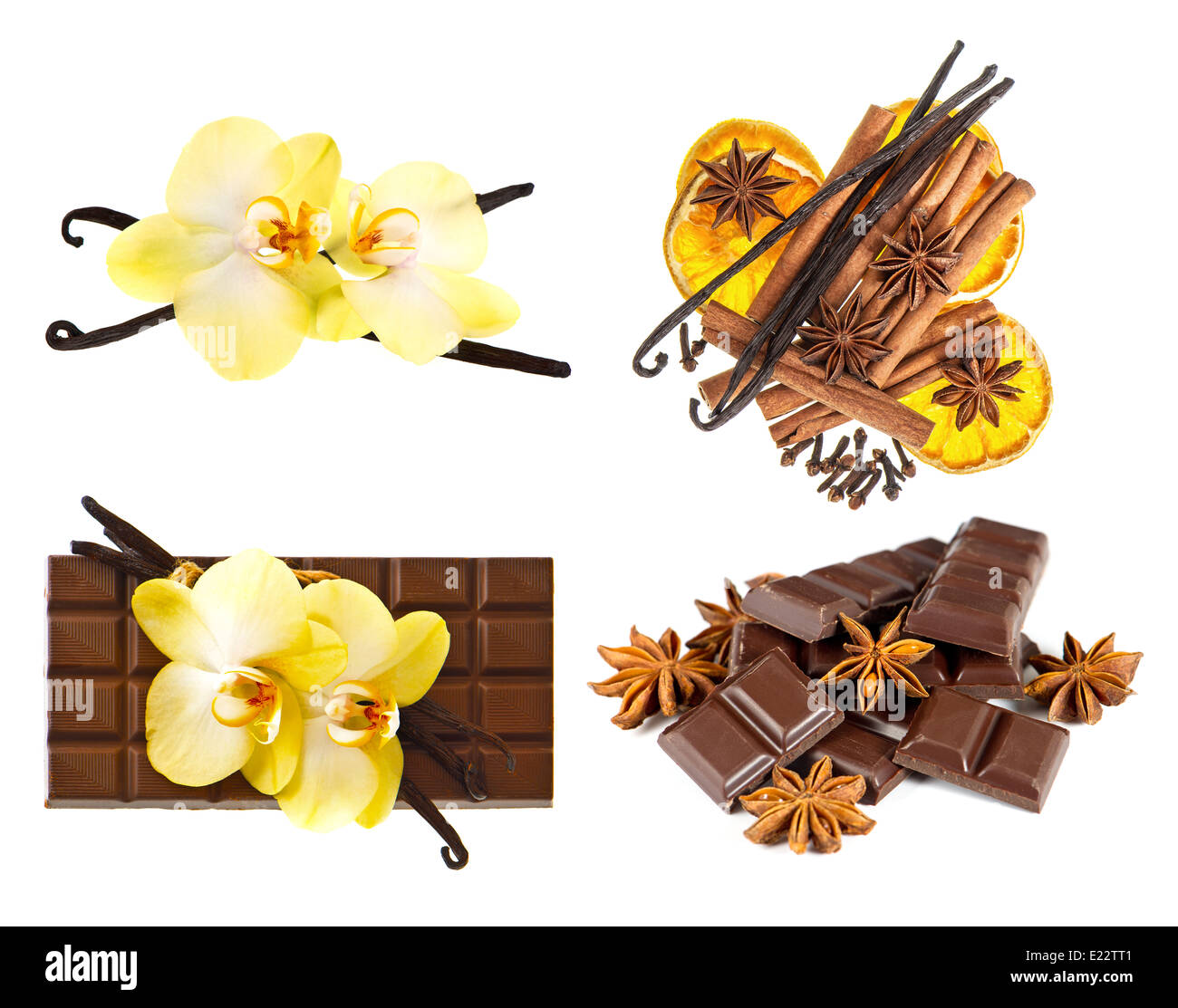 Baccelli di vaniglia e fiori di orchidea. cioccolato e spezie isolati su sfondo bianco Foto Stock