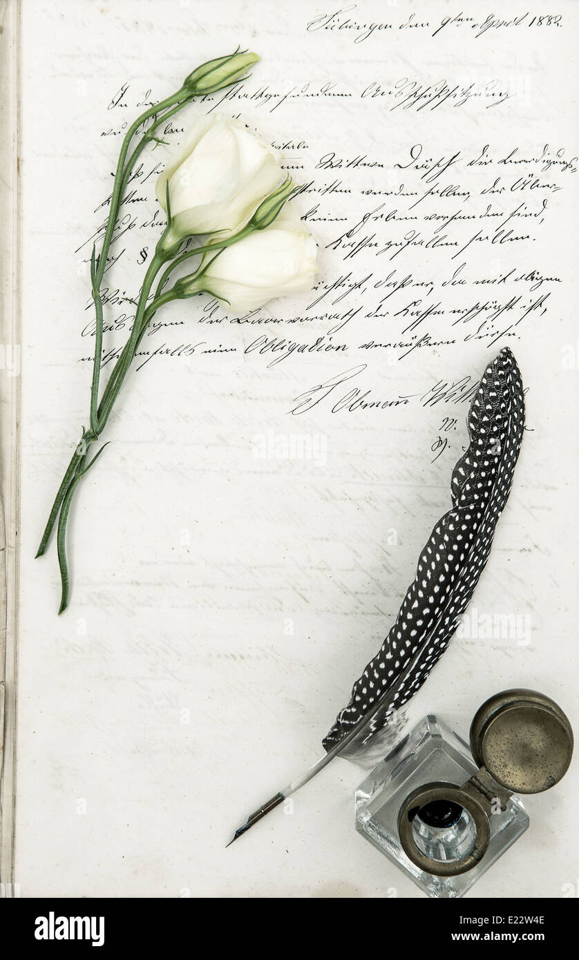 Lettera di vecchia, fiore e antichi giù penna. romantico sfondo vintage Foto Stock