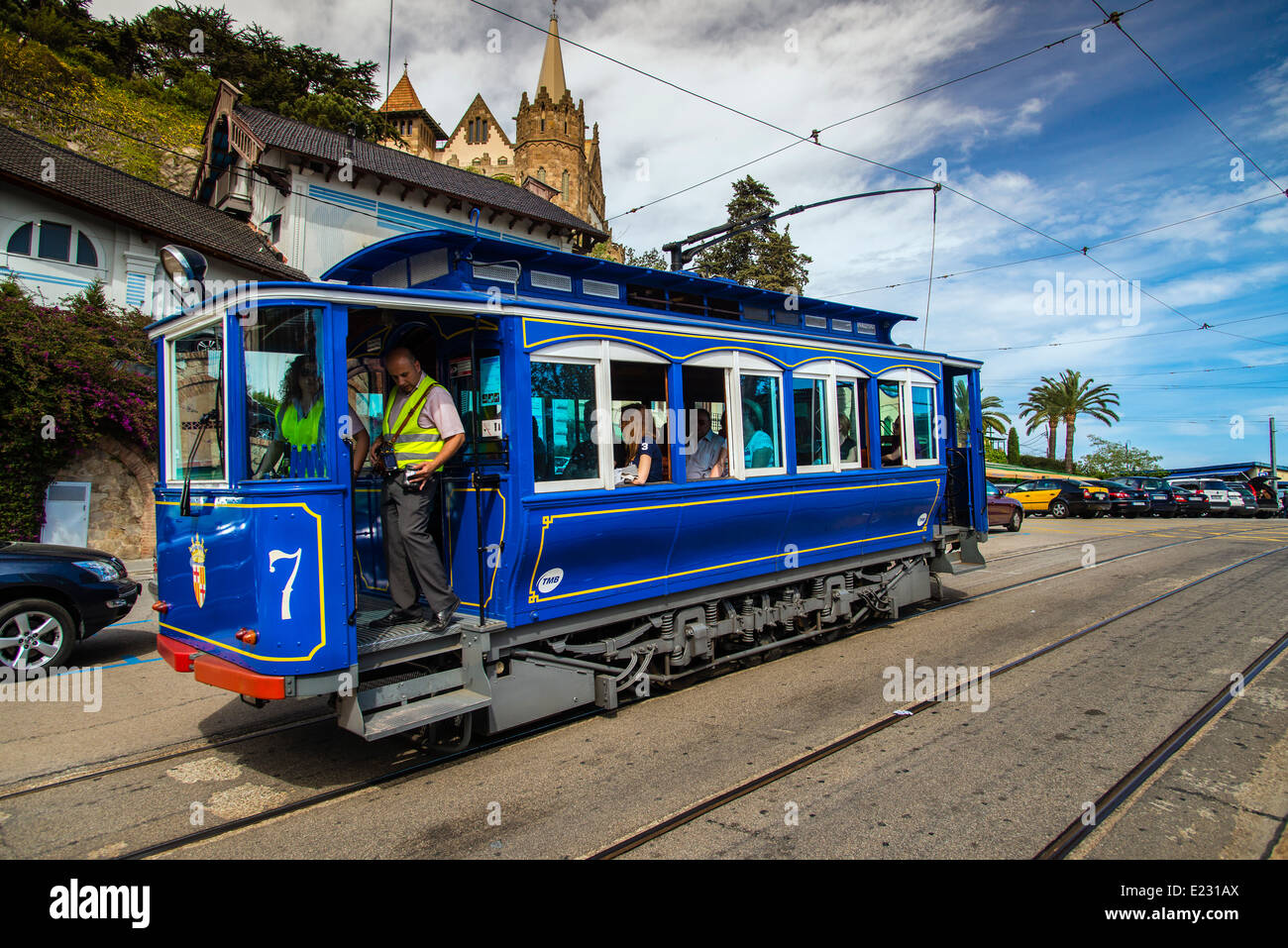 Tramvia Blau heritage tram, Barcellona, in Catalogna, Spagna Foto Stock