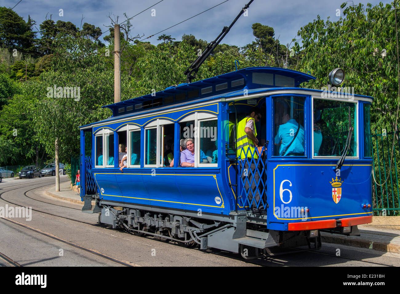 Tramvia Blau heritage tram, Barcellona, in Catalogna, Spagna Foto Stock