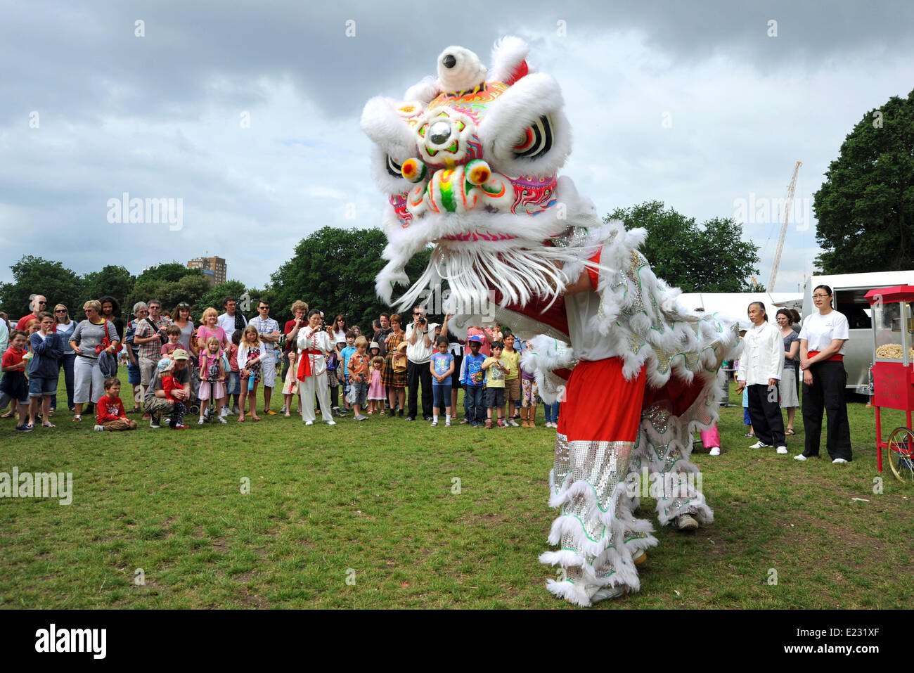 Brighton, Sussex, Regno Unito. 14 giugno 2014. Un cinese la danza del Leone al amare il nostro livello giorno di celebrazione in Brighton oggi il livello è un locale centro parco pubblico che ha avuto oltre £2milioni di sterline spesi sulla sua rejuvination organizzata con il livello europee Forum,l'evento consisteva di intrattenimento gratuito per tutti, comprese le bande dal vivo e spettacoli di musica, sport e giochi, attività childrenÕs, arti e mestieri, comunità di bancarelle, ottimo cibo e bevande Foto Stock