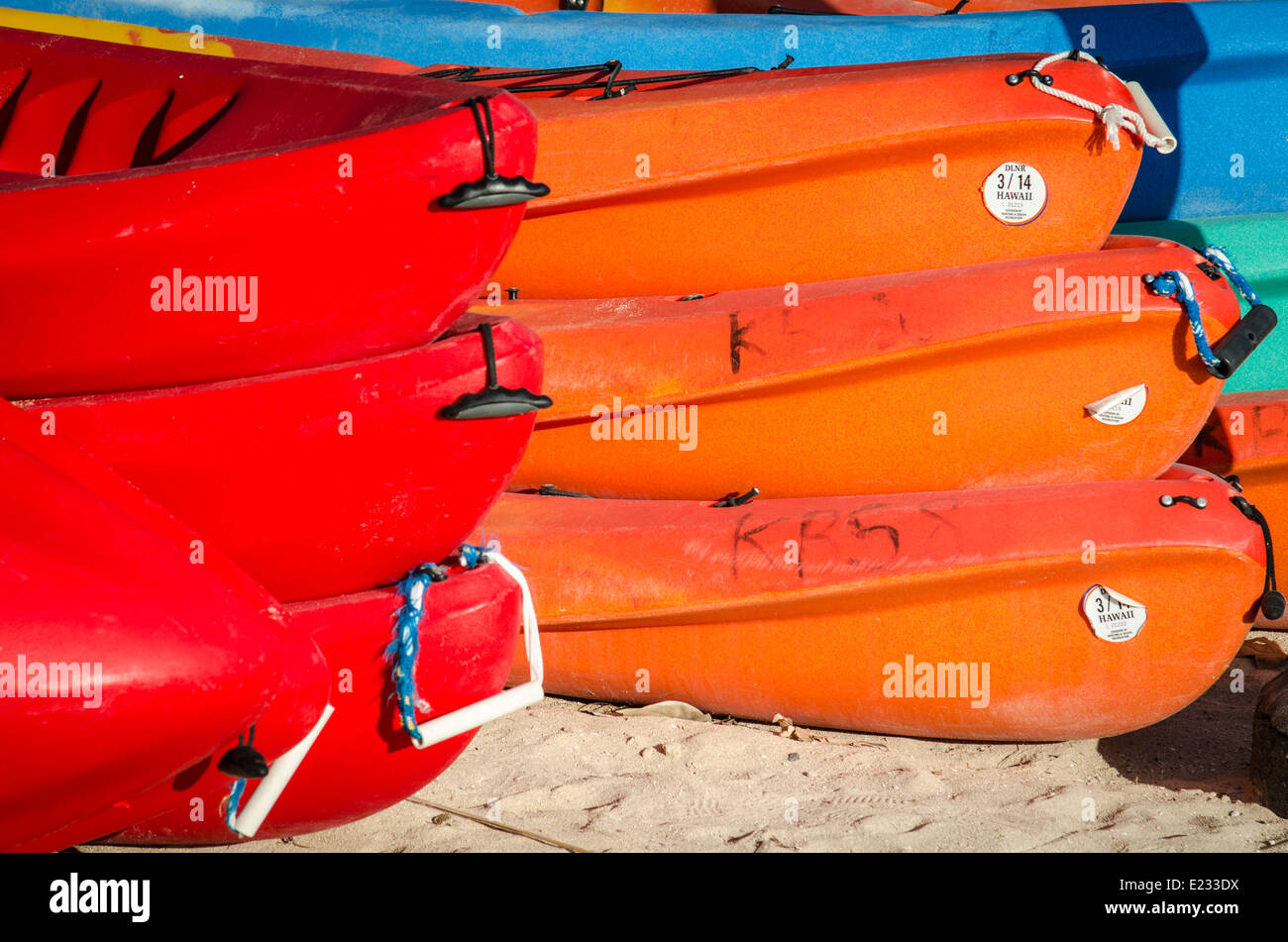 Kayak da mare in affitto sulla spiaggia di Waikiki Beach, Hawaii Foto Stock