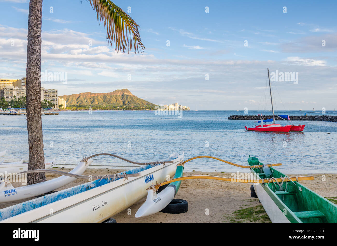 Kayak da mare sulla spiaggia di Waikiki Beach, Hawaii Foto Stock