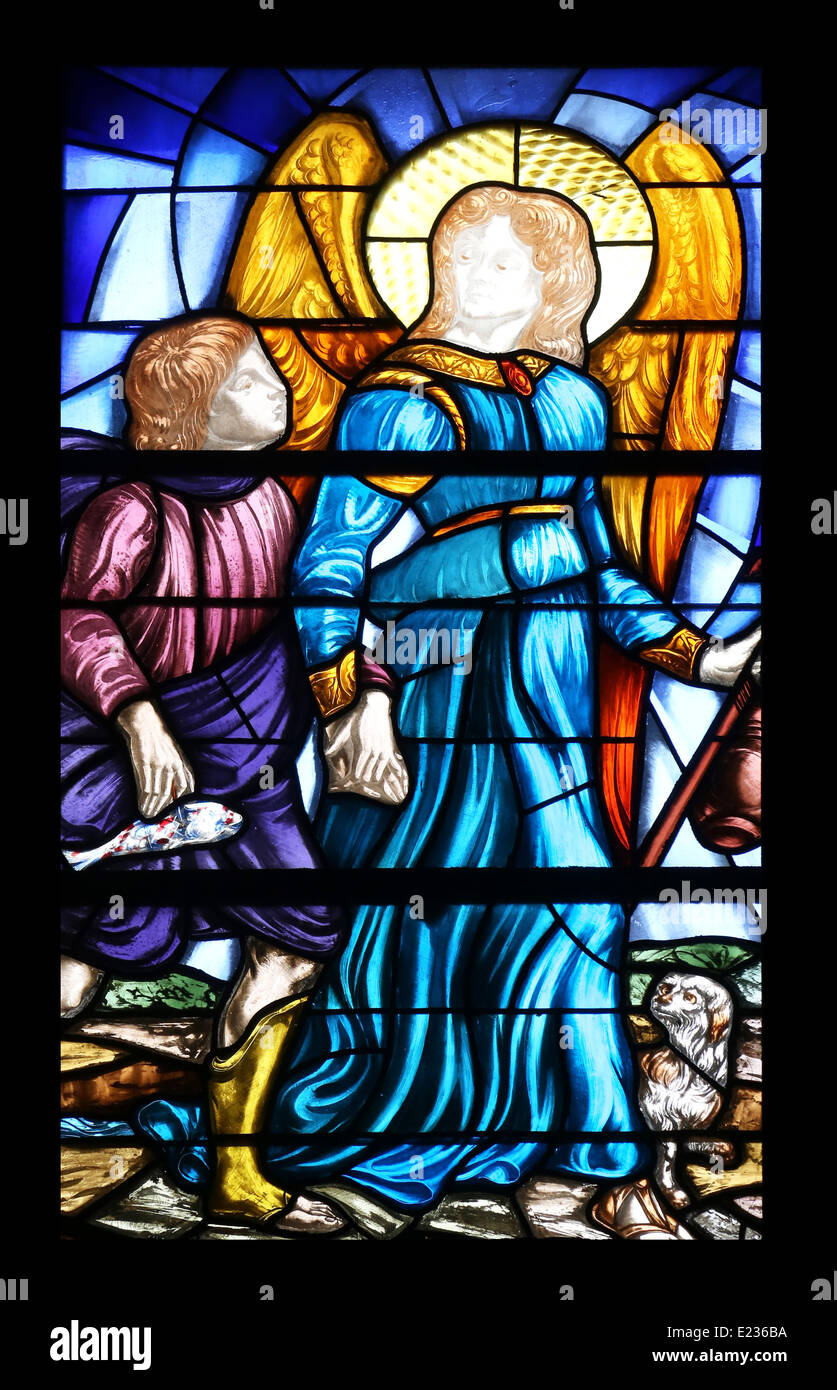 Angelo custode con vetrata nella chiesa del Santissimo Sacramento di Portoferraio, Isola d'Elba, Italia Foto Stock