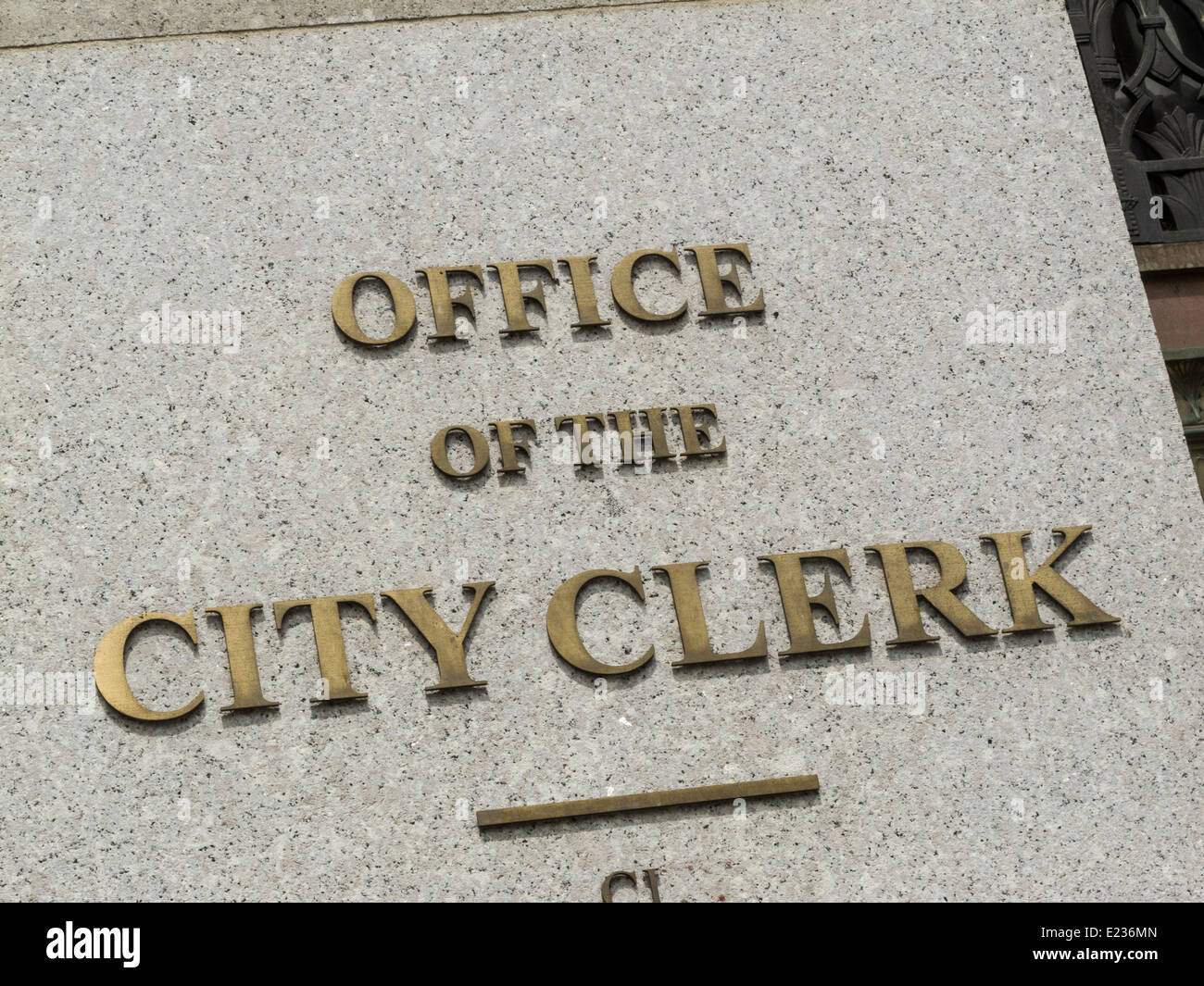 Ufficio della città Clerk segno NEW YORK, Stati Uniti d'America Foto Stock