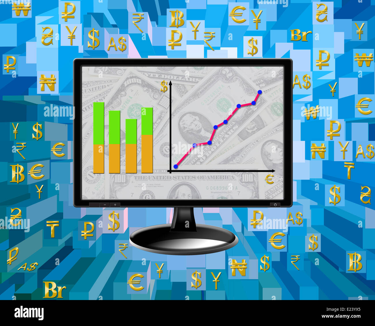 I concetti di business diagrammi di denaro tecnologia segni sullo schermo del monitor Foto Stock