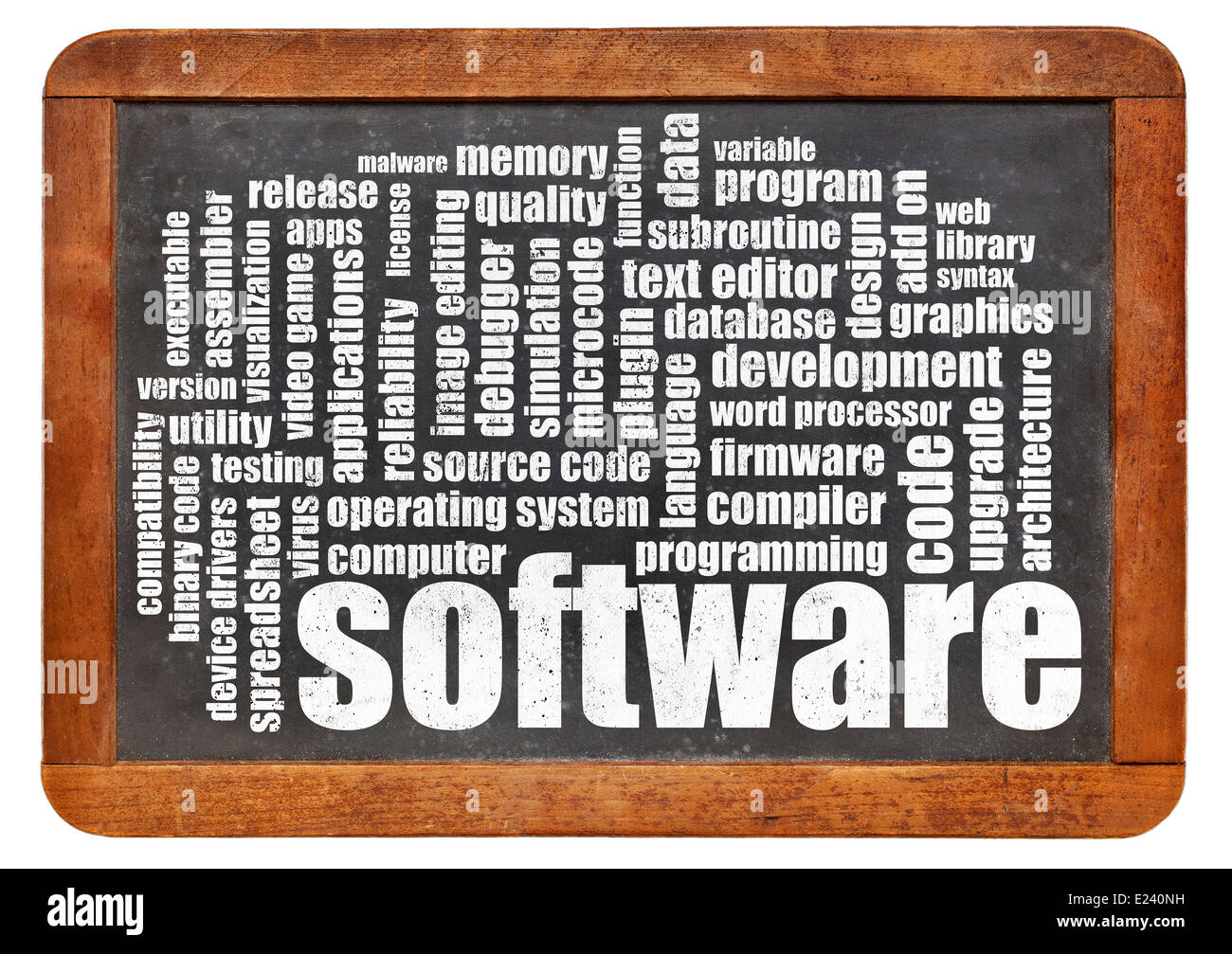 Software word cloud su un vintage lavagna ardesia Foto Stock