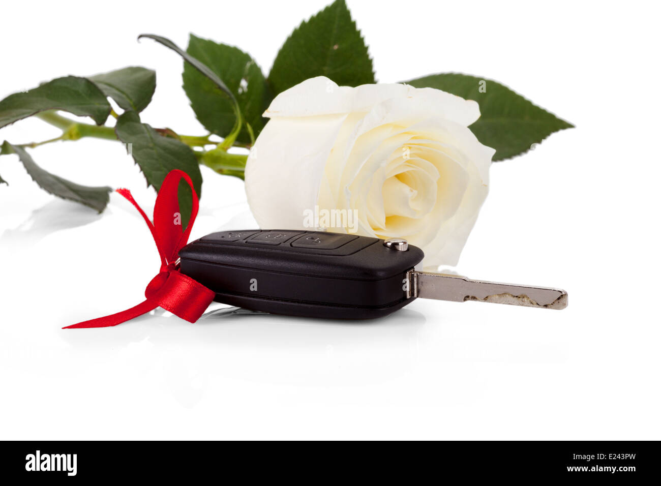 Le chiavi dell'auto come un dono con un bellissimo fiore bianco isolato su sfondo bianco Foto Stock