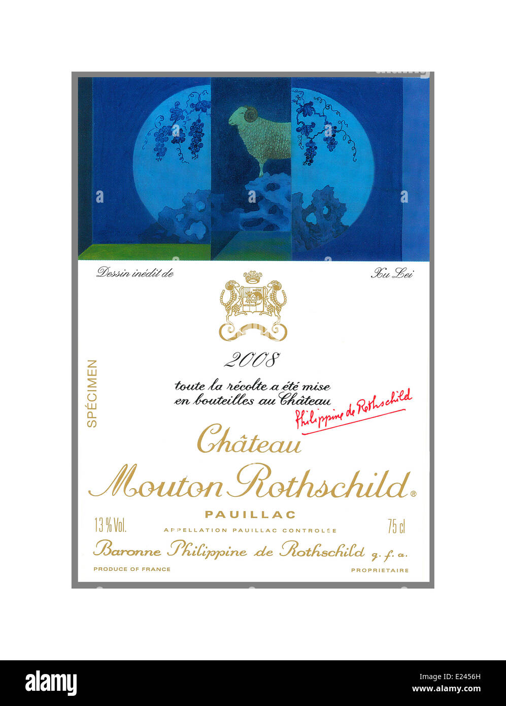 Bottiglia di vino etichetta per uno dei più grandi vini di Bordeaux Château Mouton Rothschild 2008 Pauillac rosso vino di Bordeaux Foto Stock