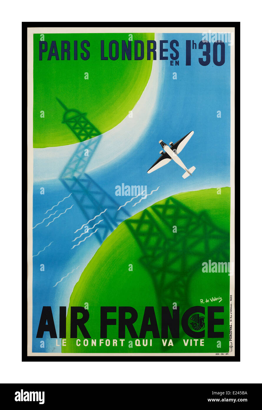 Vintage Air France travel poster di promozione volo da Parigi a Londra in 1 ora e trenta minuti Foto Stock