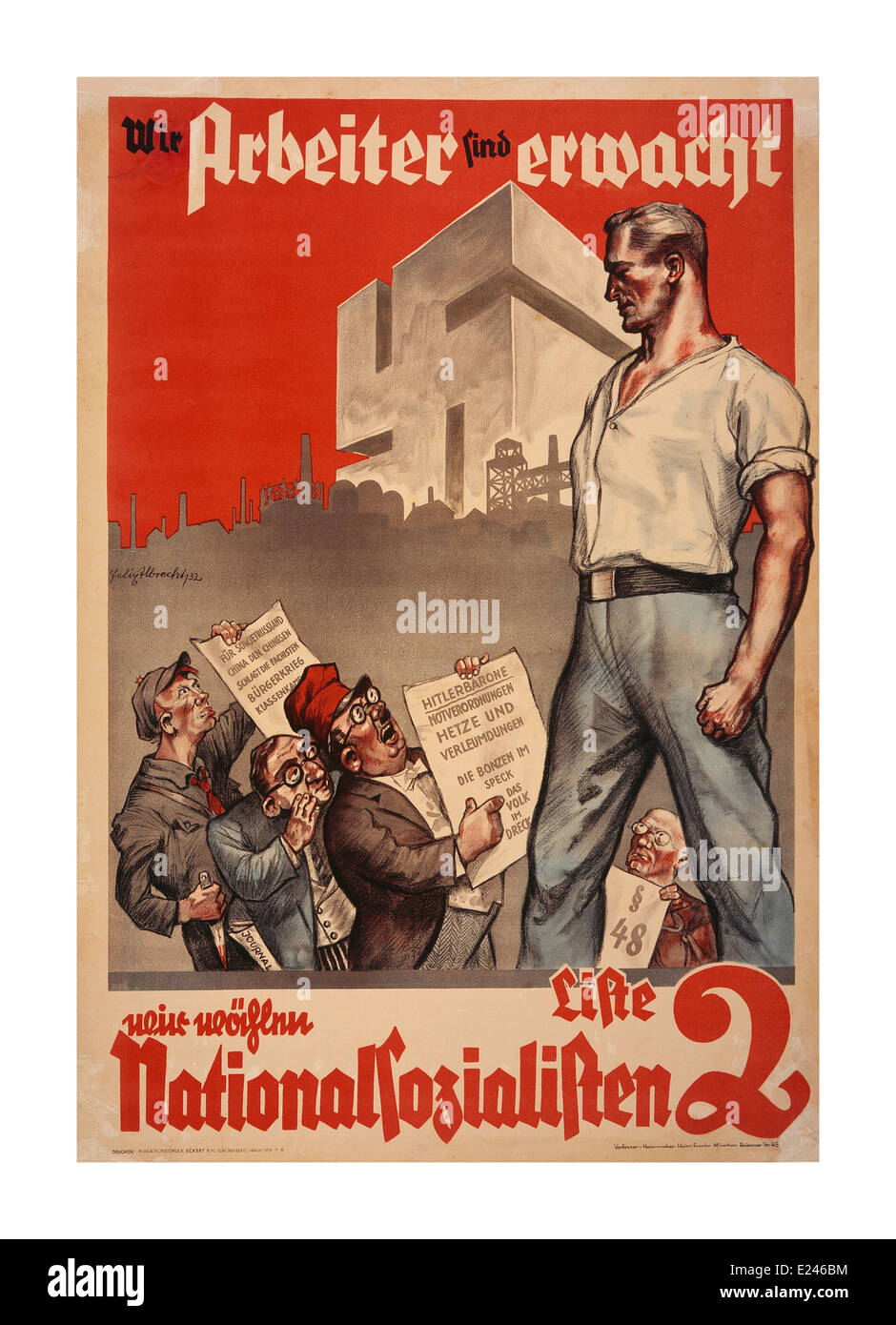 1930 vintage propaganda tedesca poster i lavoratori hanno svegliato e votiamo a favore del socialista nazionale (Nazi) partito Foto Stock