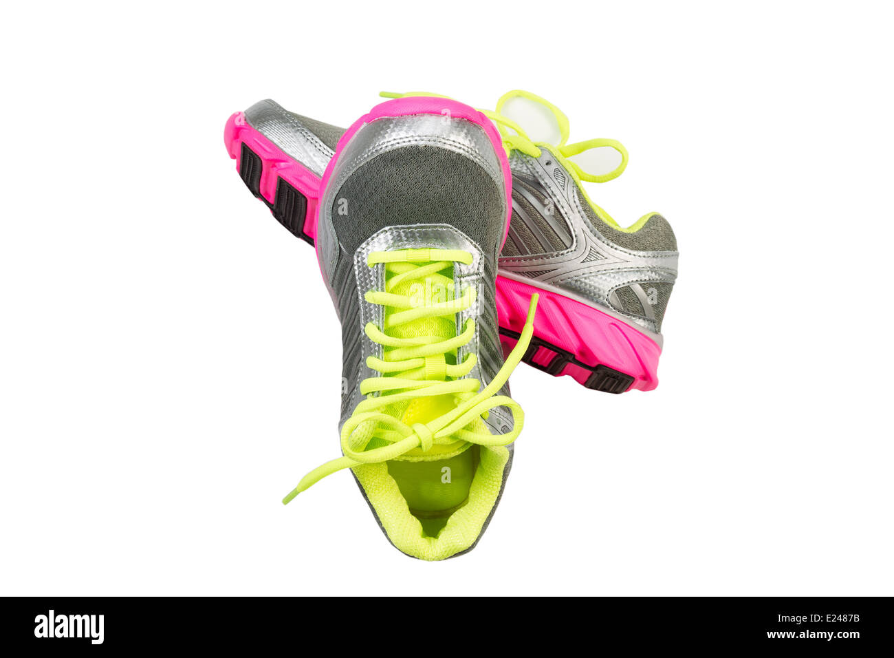 Nuovo lavoro le scarpe in colore verde brillante, argento e rosa colori isolato su bianco Foto Stock