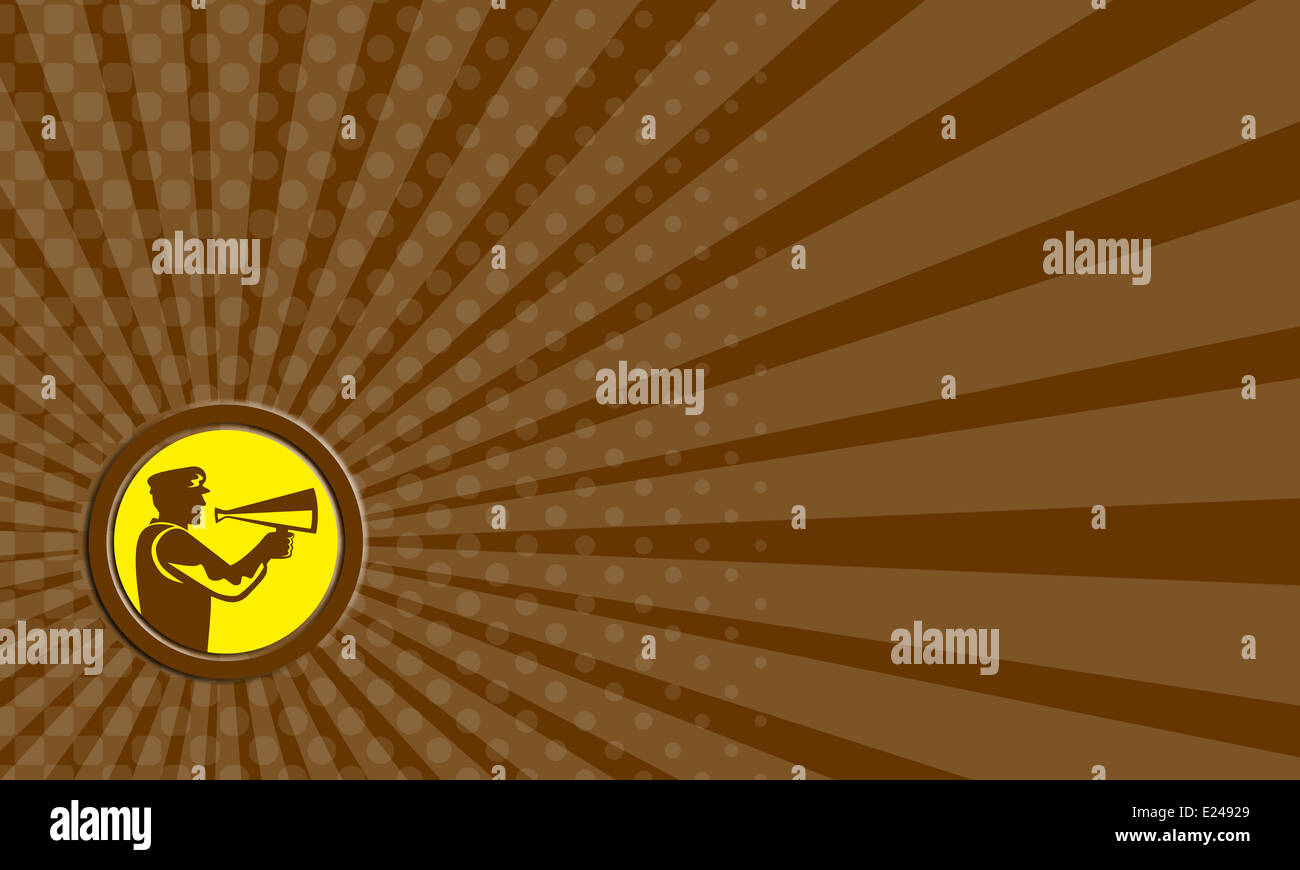 Business card mostra illustrazione di un regista cinematografica cameraman gridando utilizzando bullhorn impostato all'interno del cerchio fatto in stile retrò. Foto Stock