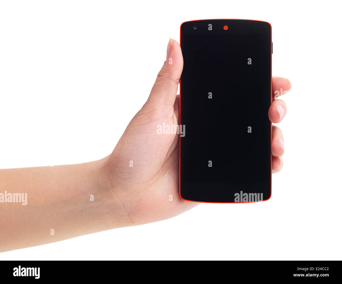 LG Google Android Nexus 5 telefono nella donna la mano isolati su sfondo bianco Foto Stock