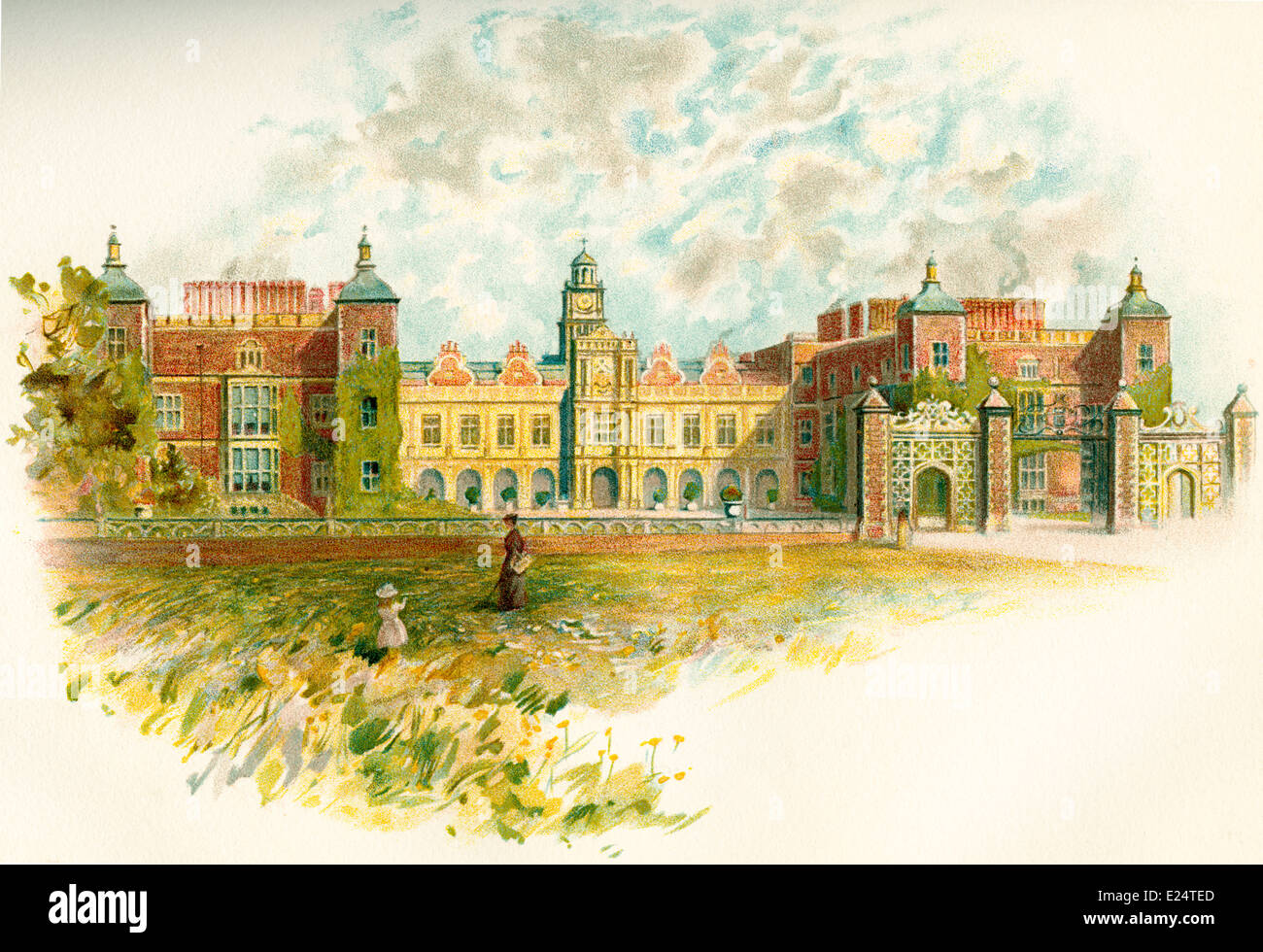 Fronte sud di Hatfield House, il grande parco, Hatfield Hertfordshire, Inghilterra nel XIX secolo. Foto Stock