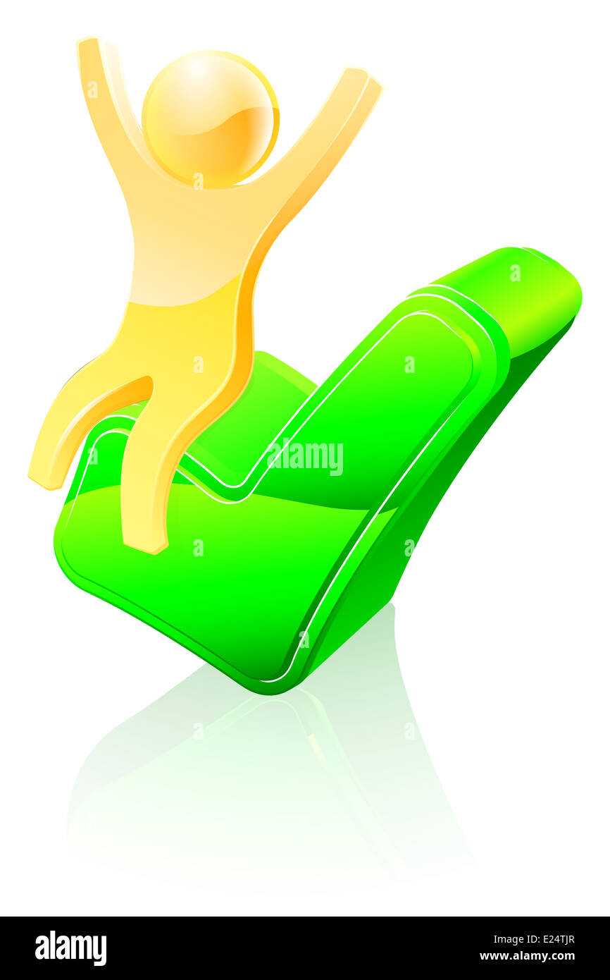 Una illustrazione concettuale di un felice carattere oro seduto su un segno di spunta di colore verde icona Foto Stock