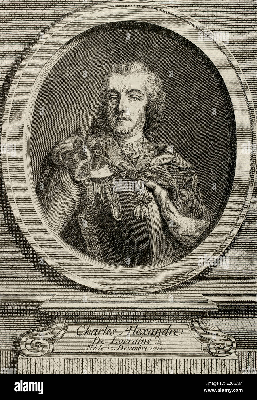 Il principe Carlo Alessandro di Lorena (1712-1780 ). Generale Austriaco e soldato. Incisione di Giovanni Daulle. Foto Stock