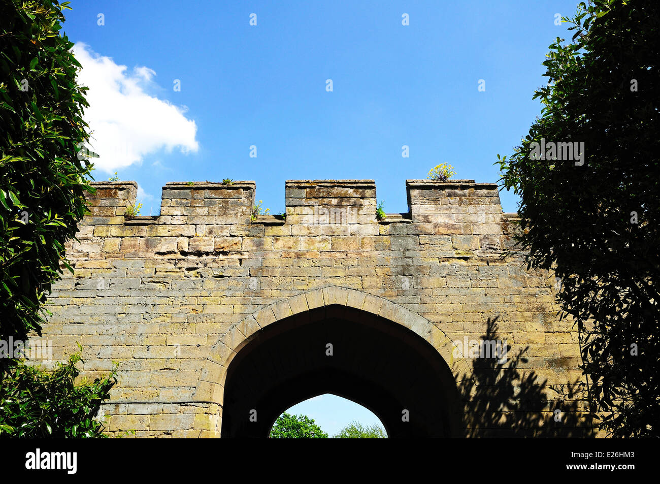 Parte della cinta muraria con merlatura, Warwick, Warwickshire, Inghilterra, Regno Unito, Europa occidentale. Foto Stock
