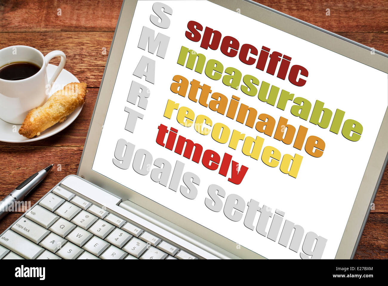 SMART (specifici, misurabili, raggiungibili registrati, tempestivo) impostazione obiettivo concetto su un computer portatile con caffè espresso Foto Stock
