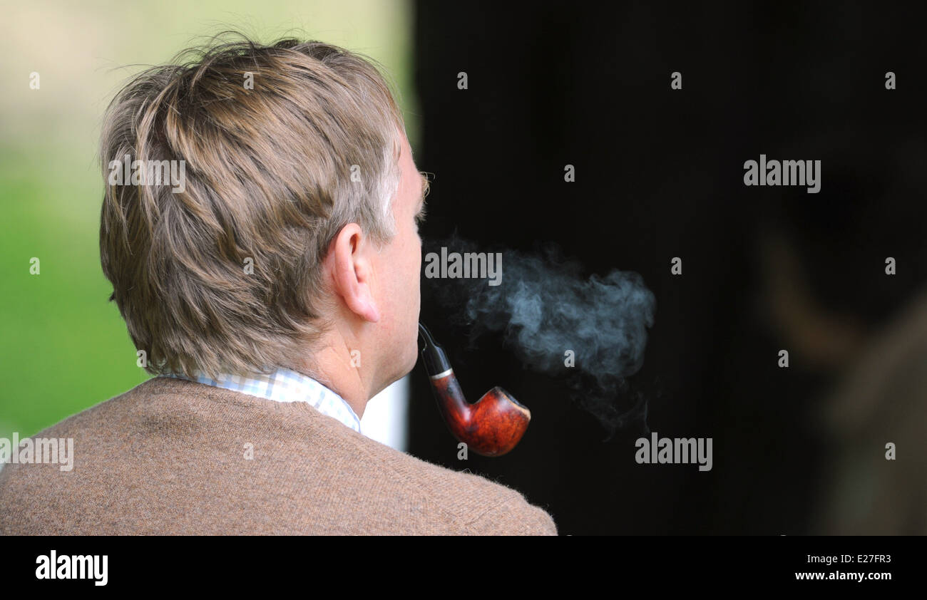 Uomo che fuma una pipa mentre guarda una partita di cricket ad Arundel Foto Stock