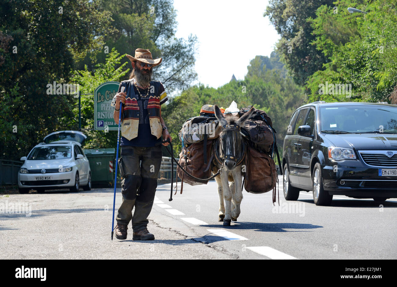 Uomo che viaggia con donkey vicino a Chiavari Italia sul loro modo di Strasburgo / Asini Muli vecchio hippy man walking animali in viaggio Foto Stock