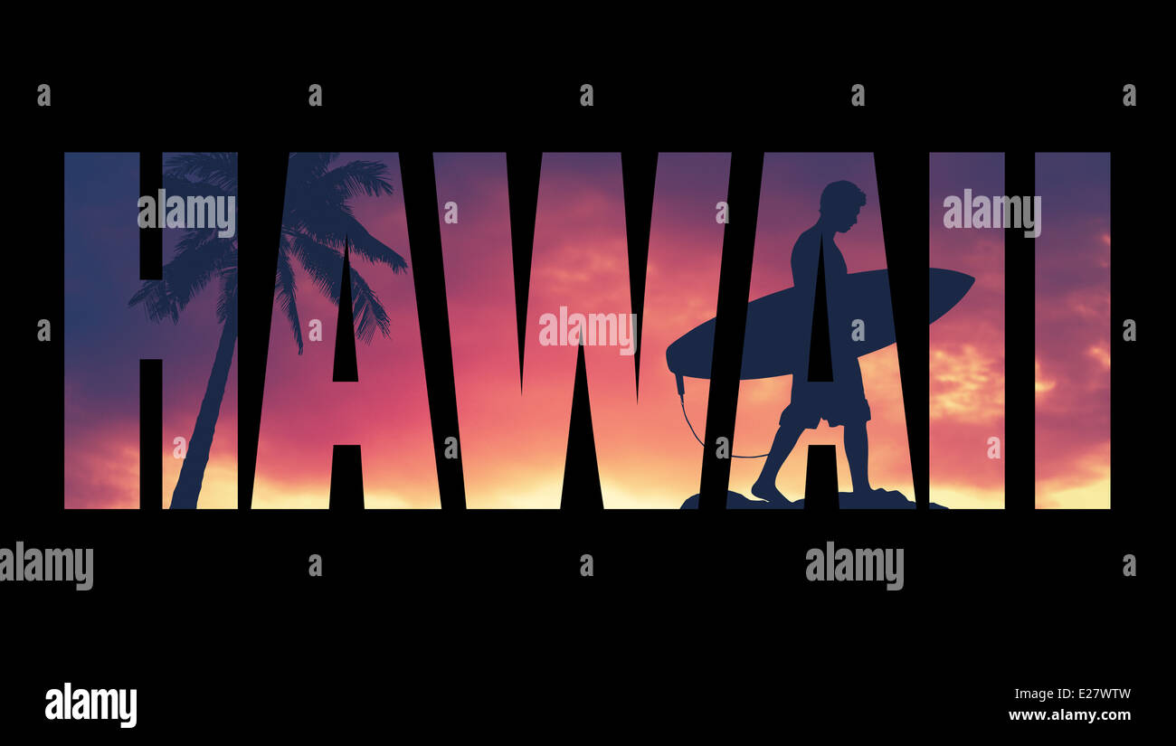 In stile retrò cartolina per Hawaii con palme e Surfer Foto Stock