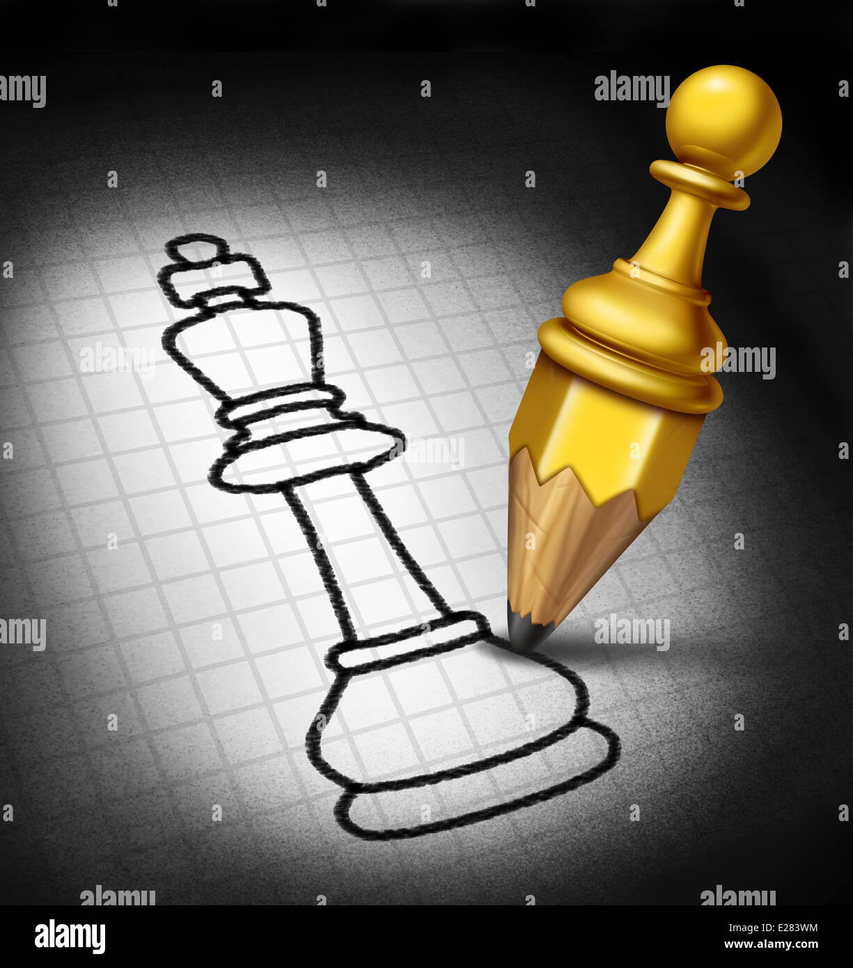 Leadership strategia vincente e pianificare la concezione di business come una pedina conformata come un disegno a matita un schizzo di un pezzo degli scacchi re come una metafora di successo per la gestione di direzione di carriera. Foto Stock
