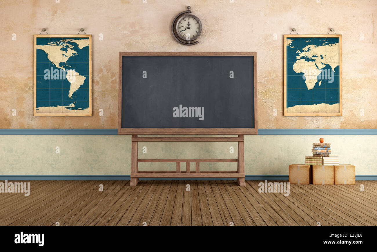 Vecchia aula con lavagna e gli oggetti vintage - il rendering Foto Stock