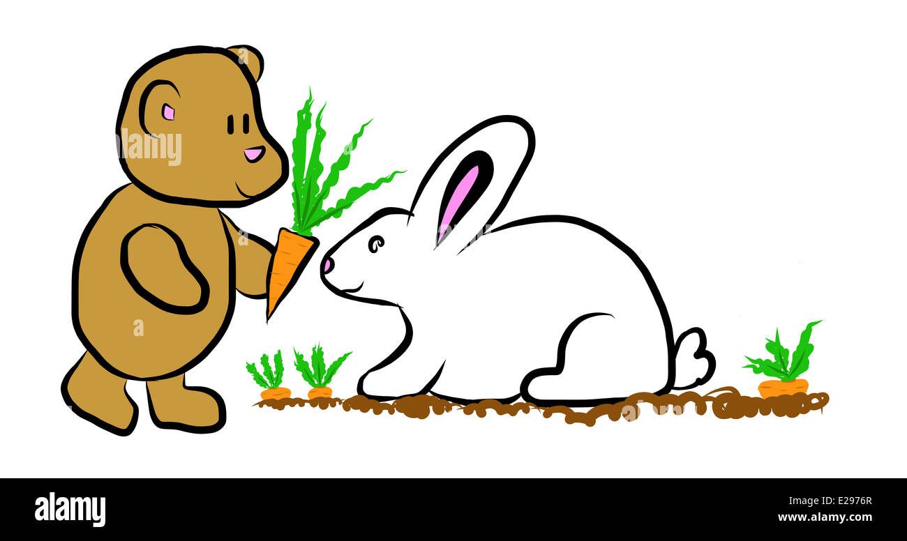 Illustrazione di un orso di peluche dando un coniglio una carota Foto Stock