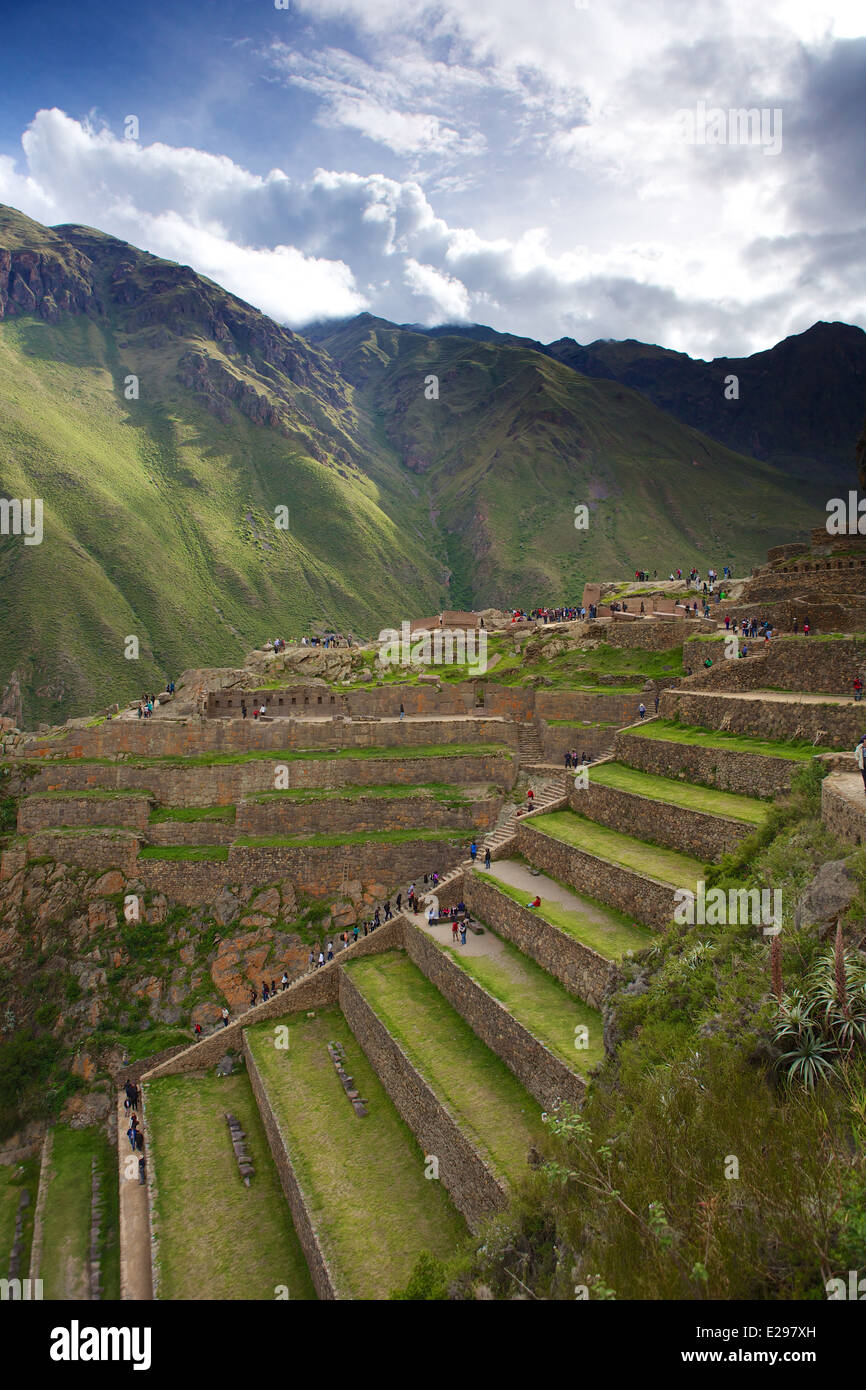 Bellissime rovine inca di Ollantaytambo in Valle Sacra, la Valle Sagrada, vicino a Cusco in Perù, Sud America Foto Stock