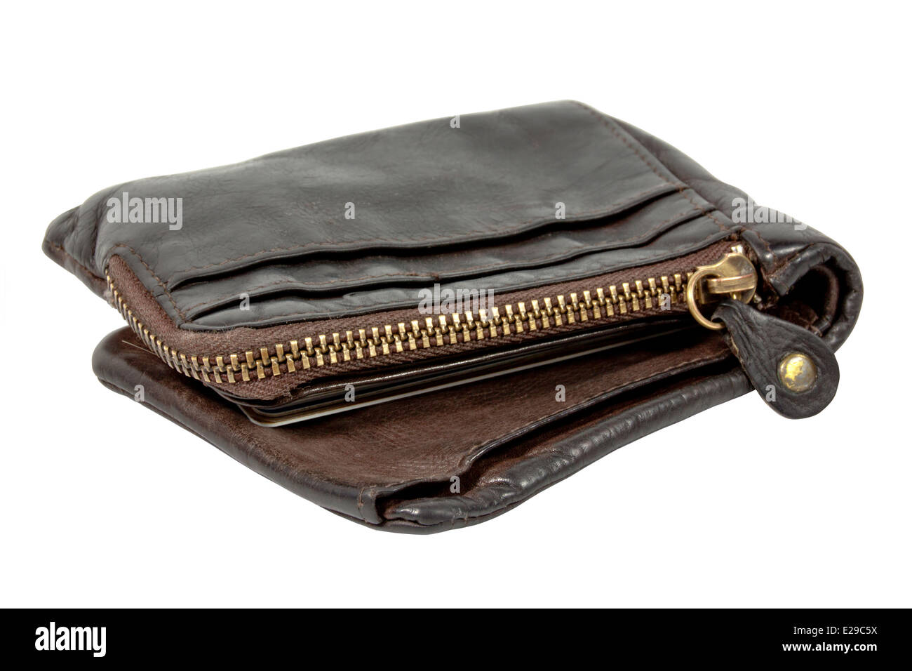 Pelle marrone portafoglio con grandi zip in ottone Foto Stock